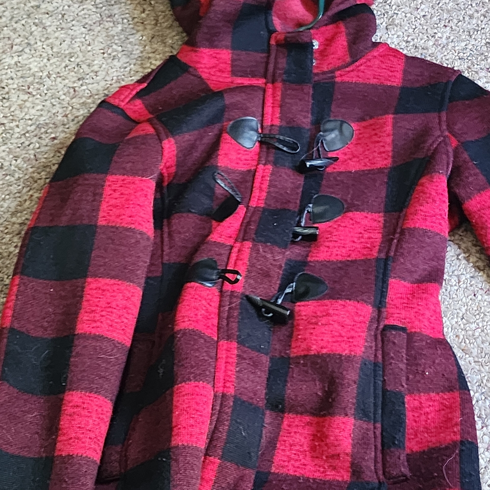 Madden Girl Red and Black Plaid Toggle Coat